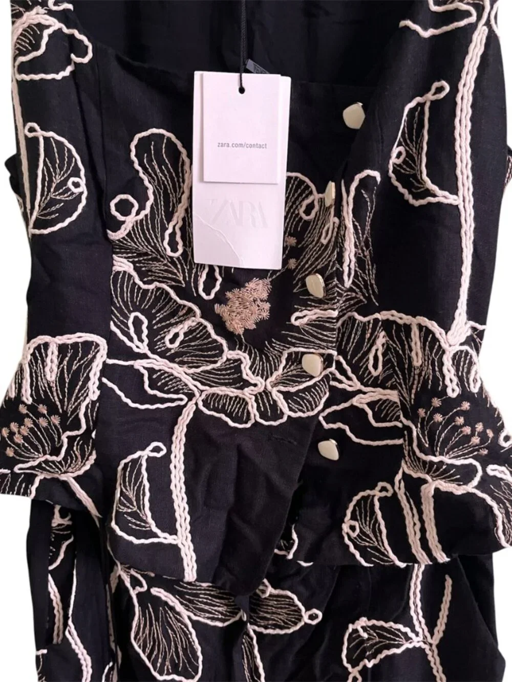 Zara Floral Embroidered Jumpsuit Black Ecru Wide Leg Linen Blend Small Summer